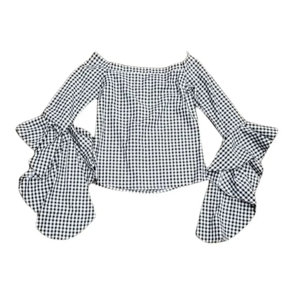 MLM Label Black White Gingham Waterfall Off Shoulder Blouse XS - Picture 1 of 5